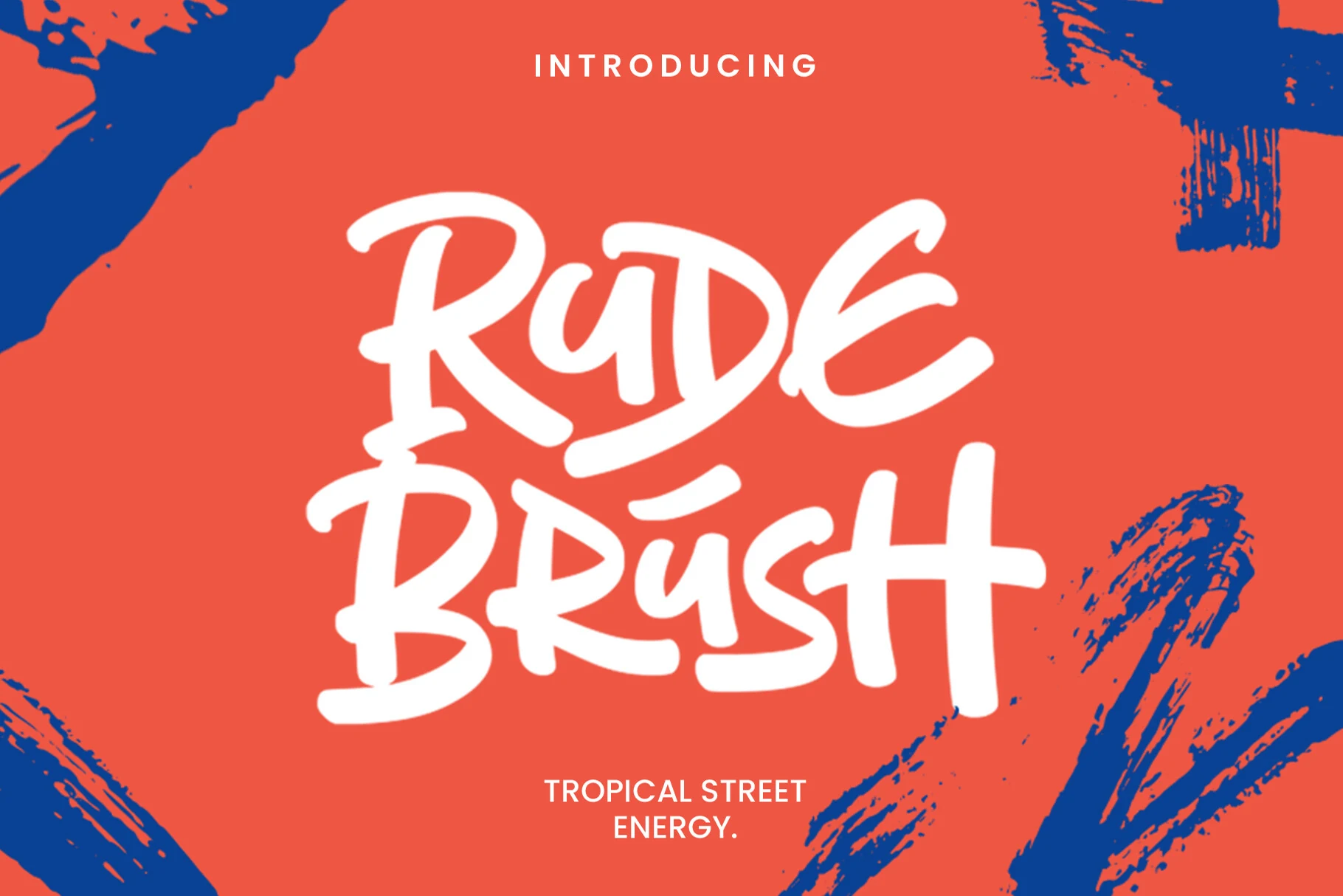 Rude Brush Font preview with bold white brush lettering on a coral background