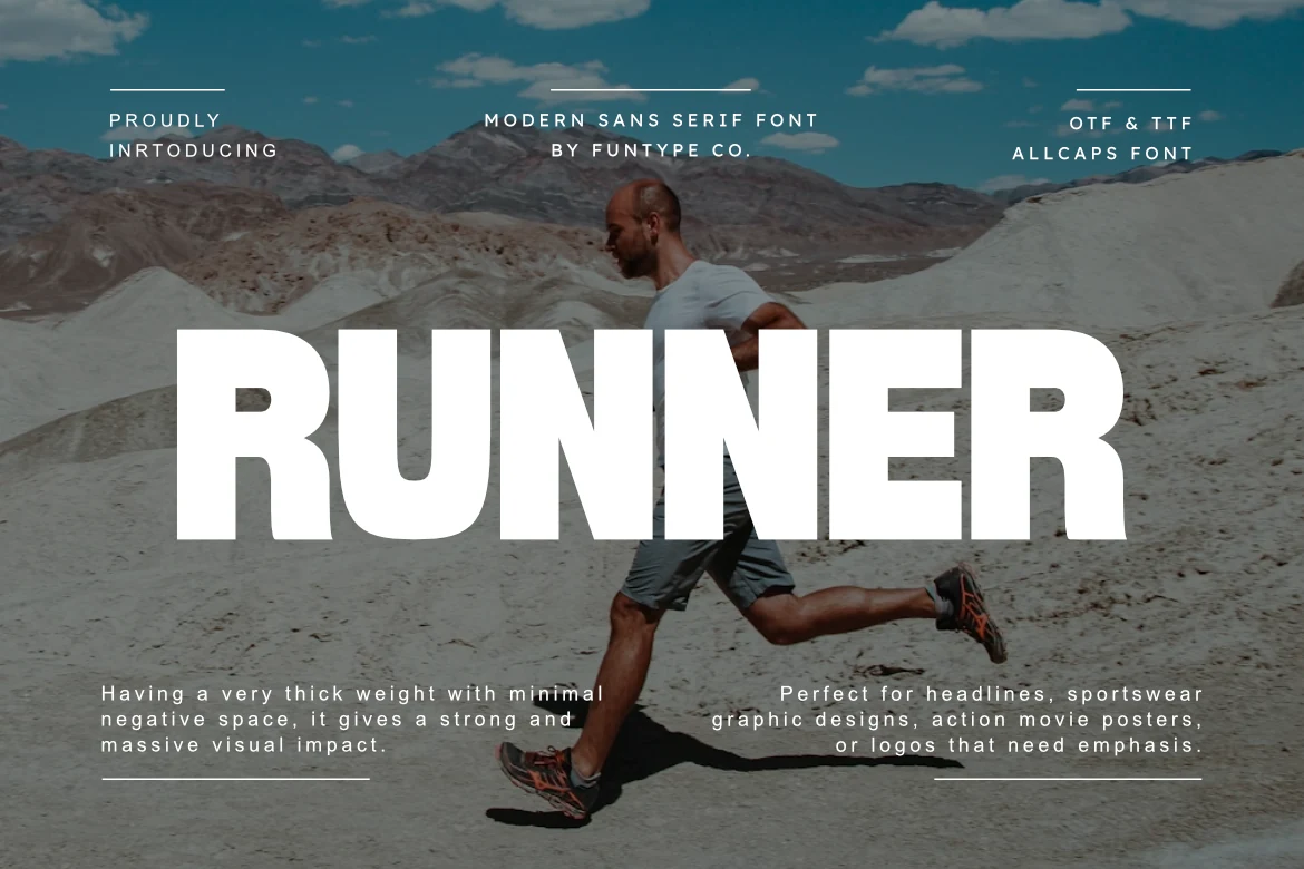 Runner Font preview with massive white all-caps sans serif lettering