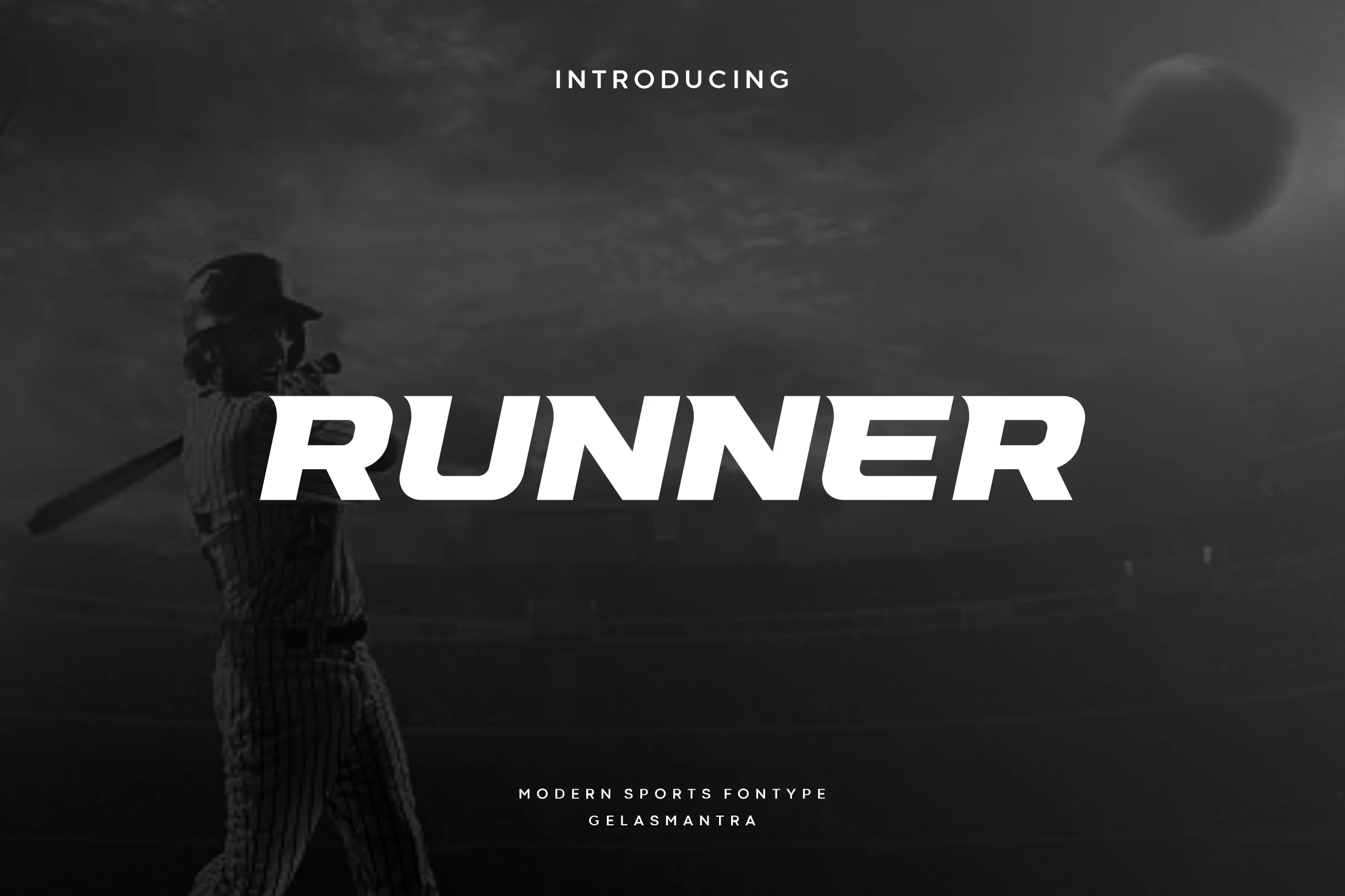 Runner Font preview with bold wide italic sports lettering in white for logo design