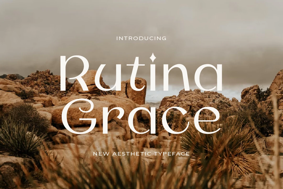 Rutina Grace Font preview with thin white modern lettering, rounded curves, and airy spacing