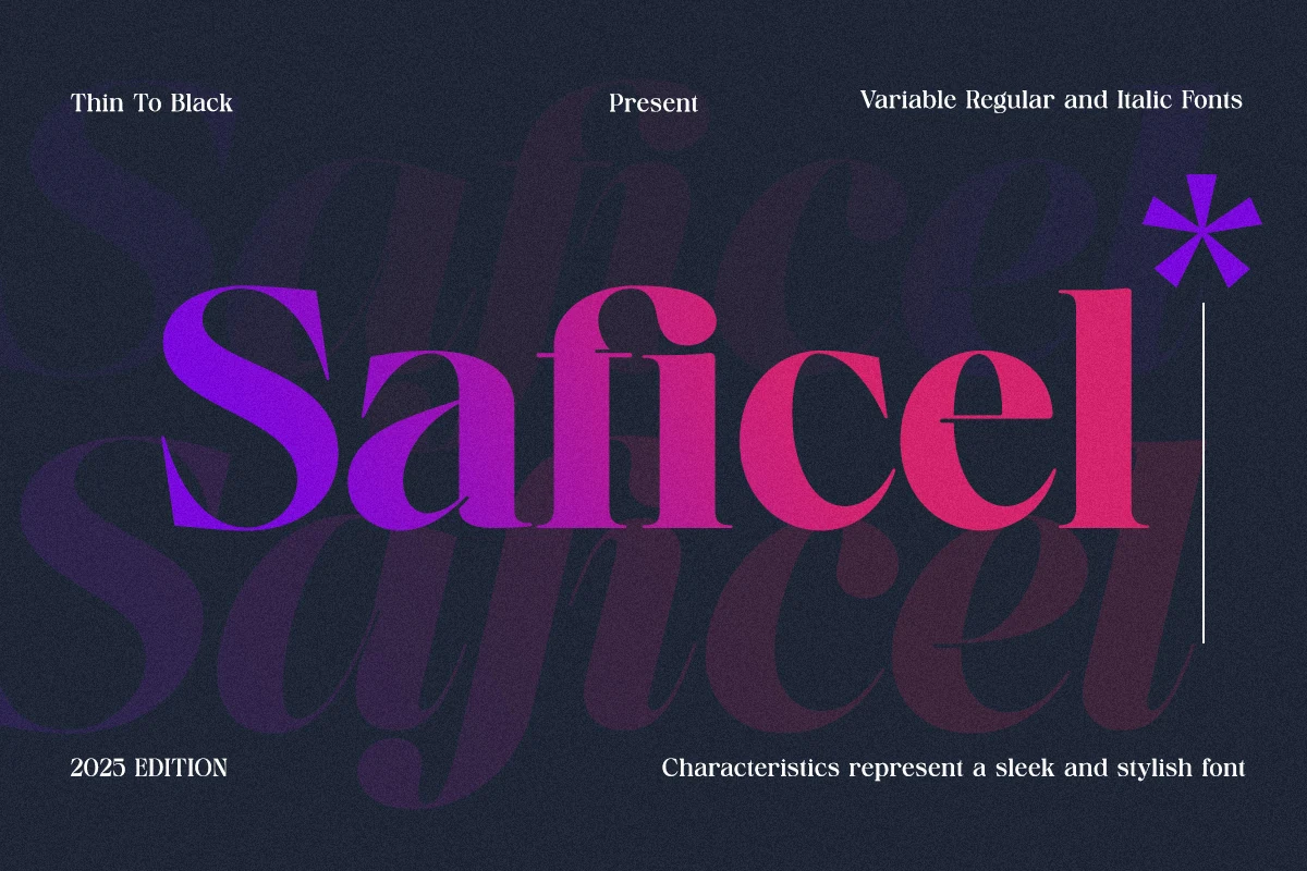 Saficel Font preview with high-contrast serif lettering and purple pink display styling