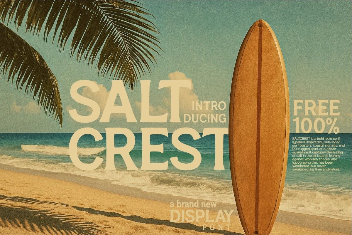 Saltcrest Font preview with bold cream retro serif lettering on a beach poster