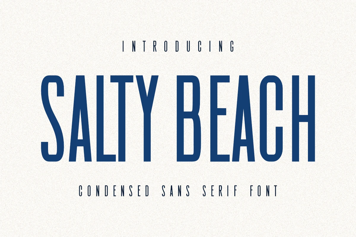 Salty Beach Font preview with condensed sans serif lettering