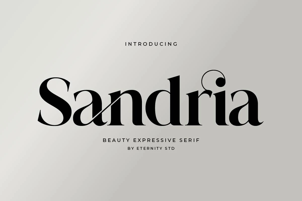 Sandria Font preview with black expressive serif lettering, sharp contrast, and curled alternates