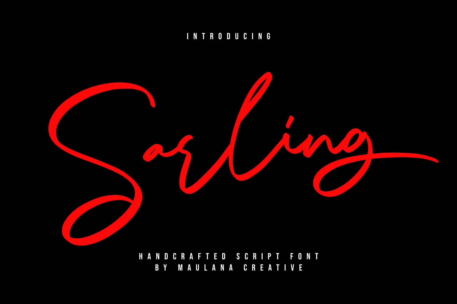 Sarling Font preview with red monoline script lettering and long sweeping swashes