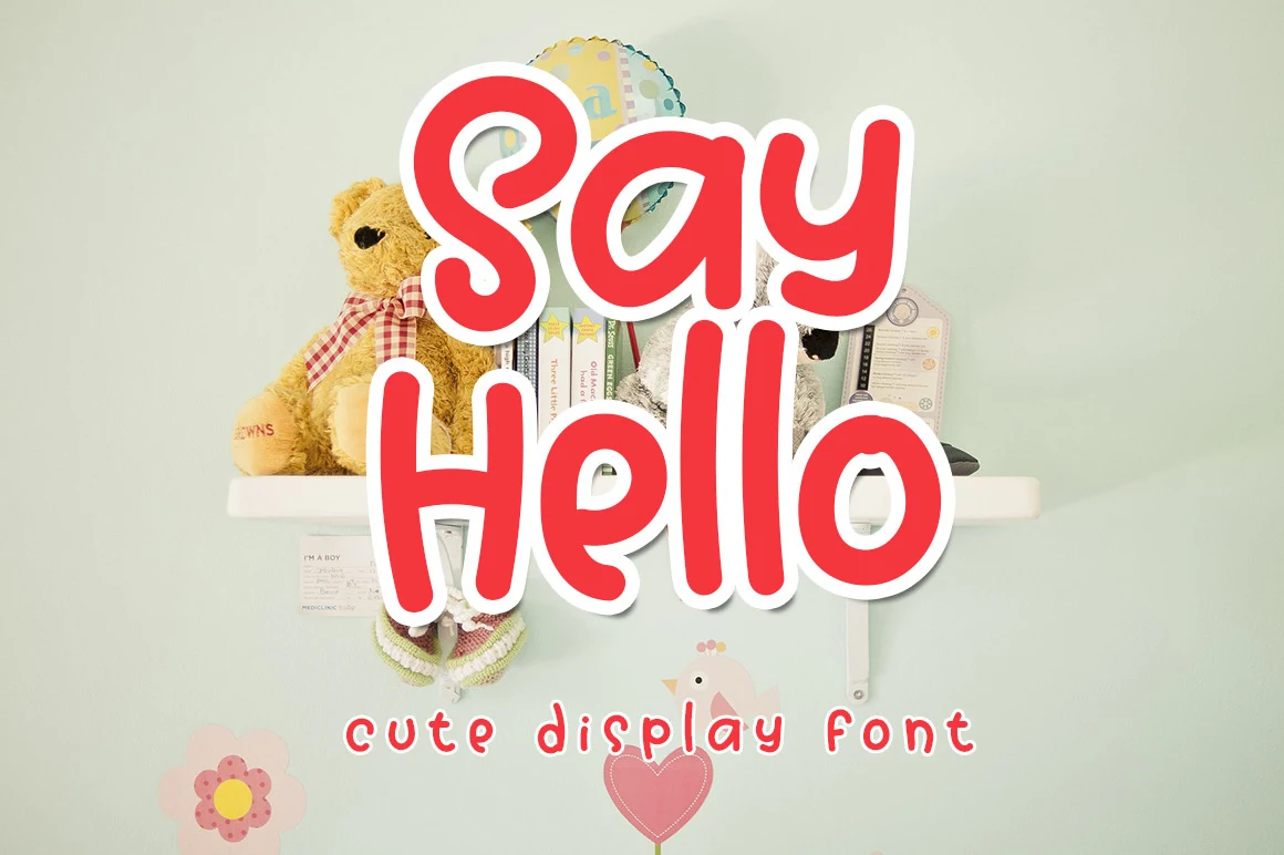 Say Hello Font preview with chunky rounded red handwritten letters and soft white outline