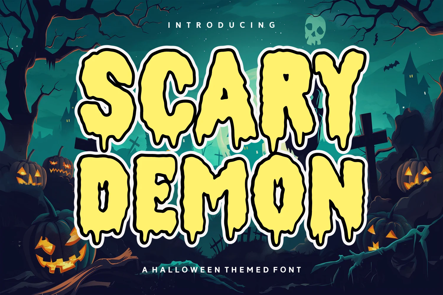 Scary Demon Font preview with chunky yellow dripping Halloween lettering
