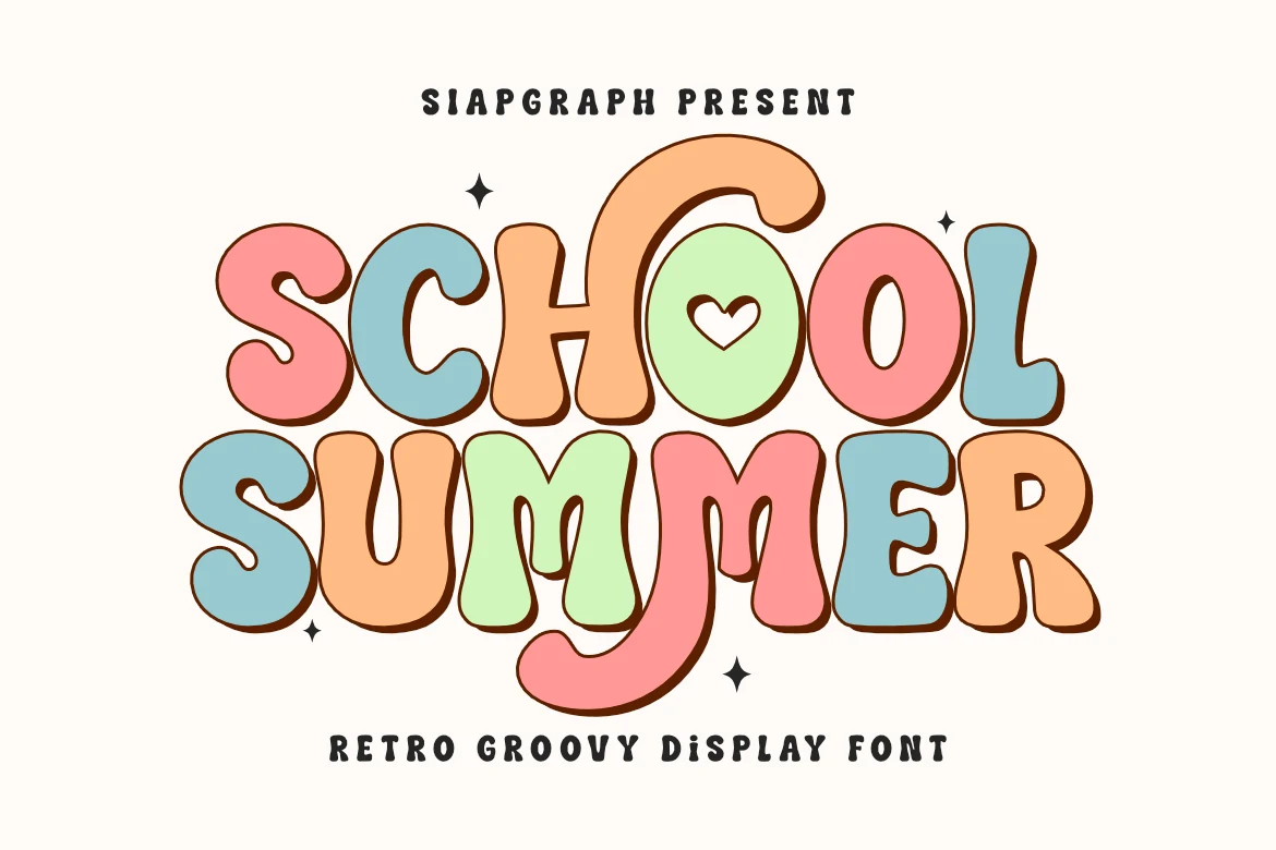 School Summer Font preview with chunky pastel retro bubble lettering and dark outline