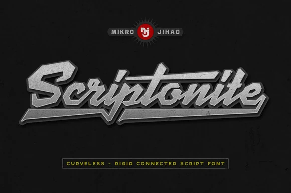Scriptonite Font preview with angular metallic connected script lettering and sharp rigid strokes