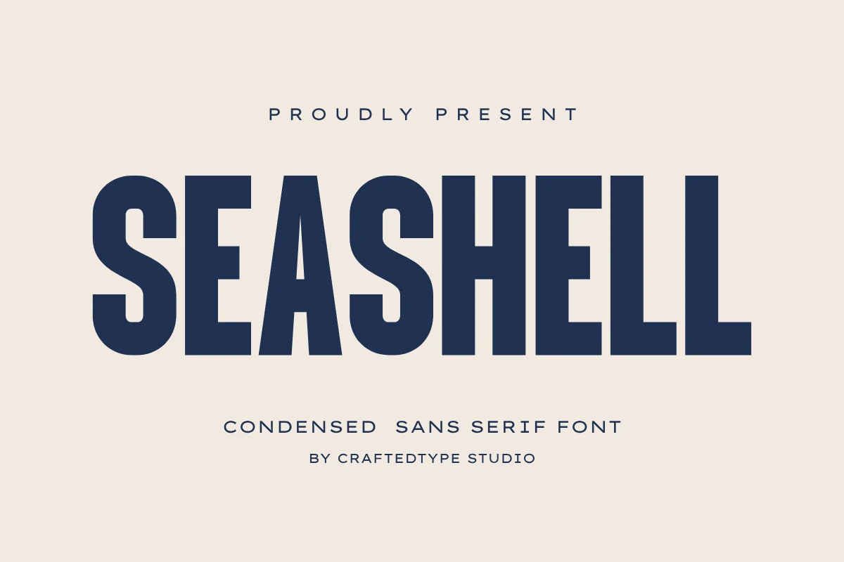 Seashell Font tall condensed navy sans serif lettering on a cream background