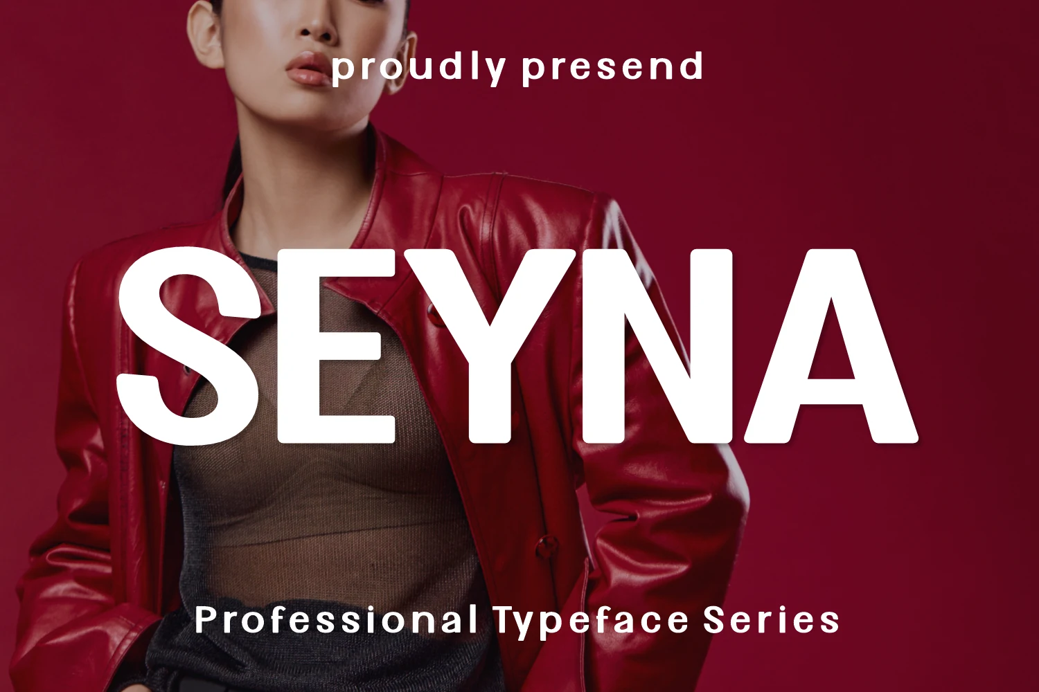 Seyna Font preview with bold white uppercase sans serif lettering for fashion branding