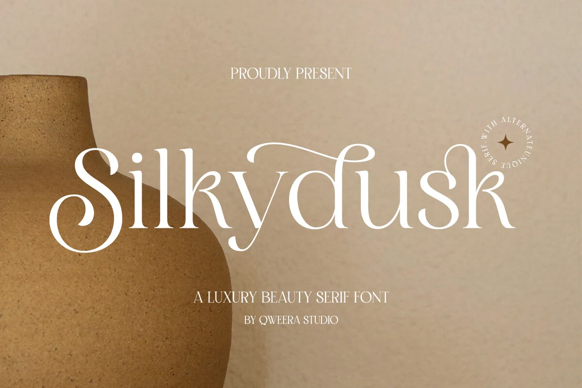 Silkydusk Font preview with white minimalist serif lettering and soft ligature curves