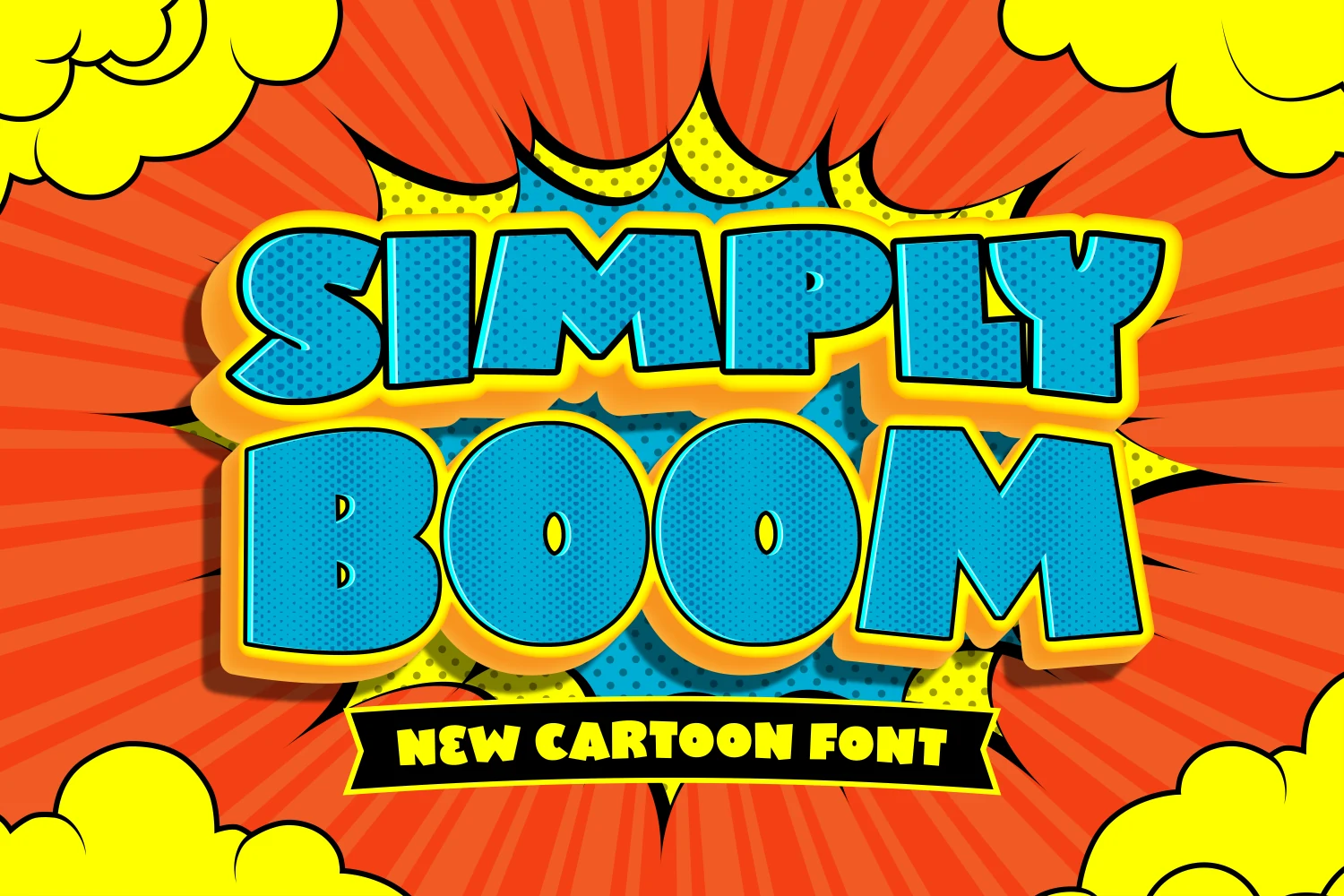Simply Boom Font preview with chunky blue cartoon letters and wide rounded shapes