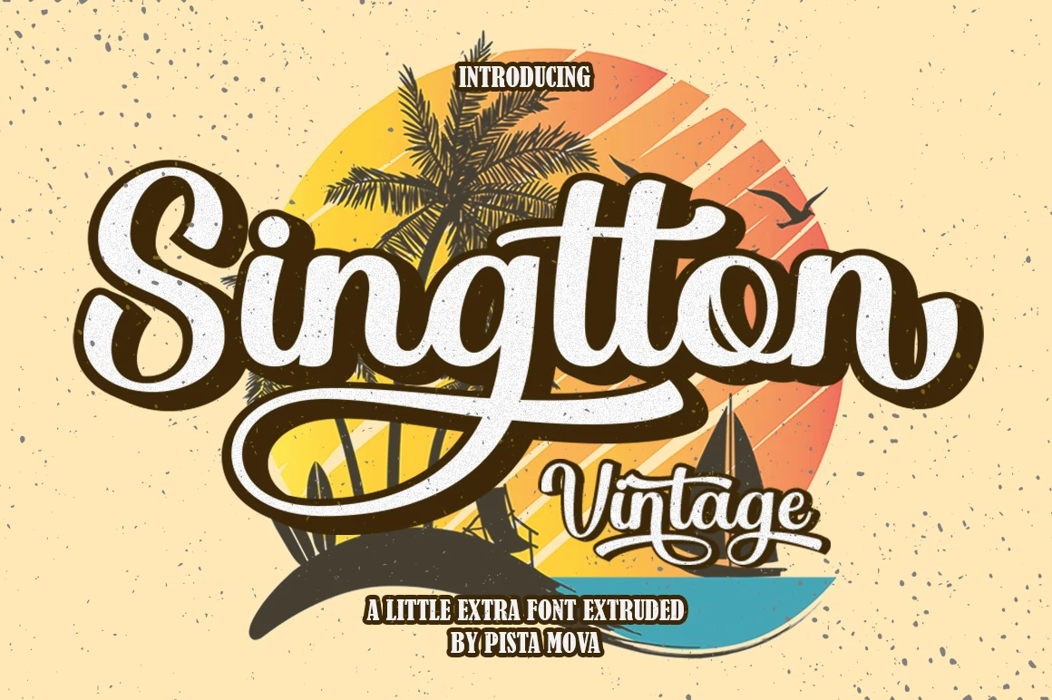 Singtton Vintage Font preview with bold vintage script lettering, white fill, and dark outlined shadow