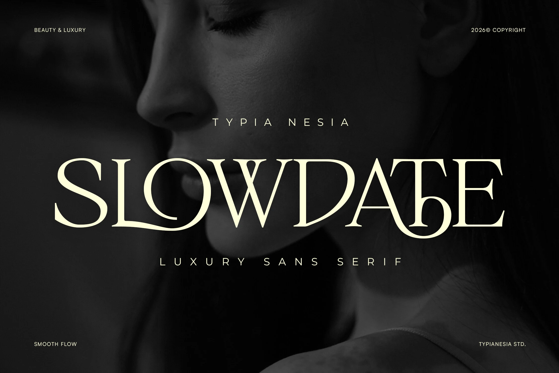 Slowdate Font preview with wide luxury serif lettering, sharp contrast, and smooth ligature flow
