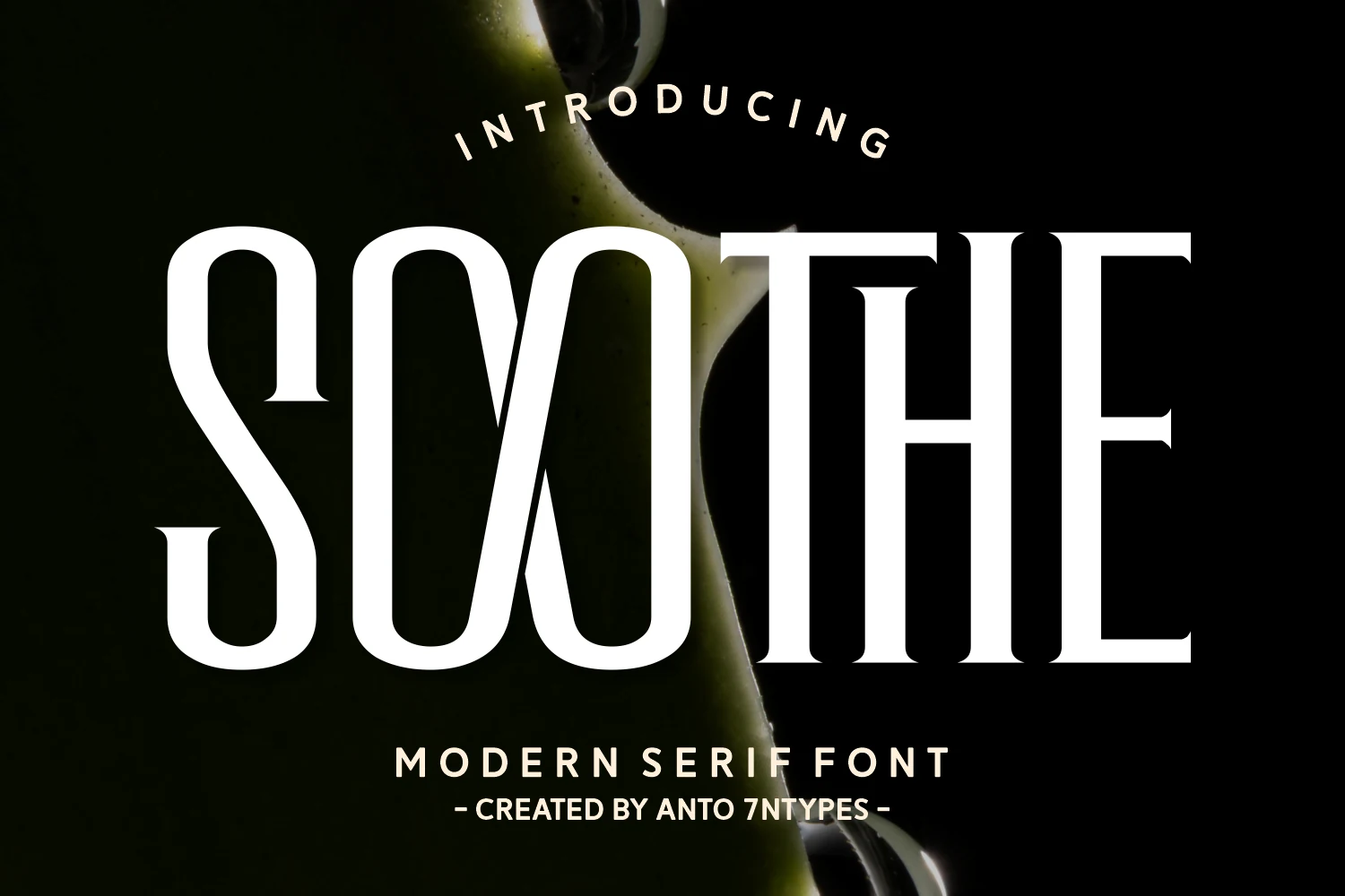 Soothe Font preview with bold high-contrast serif letters and decorative curved shapes