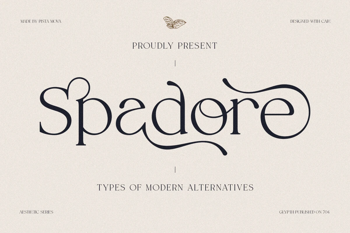 Spadore Font preview with decorative serif letters, rounded loops, and long swashes