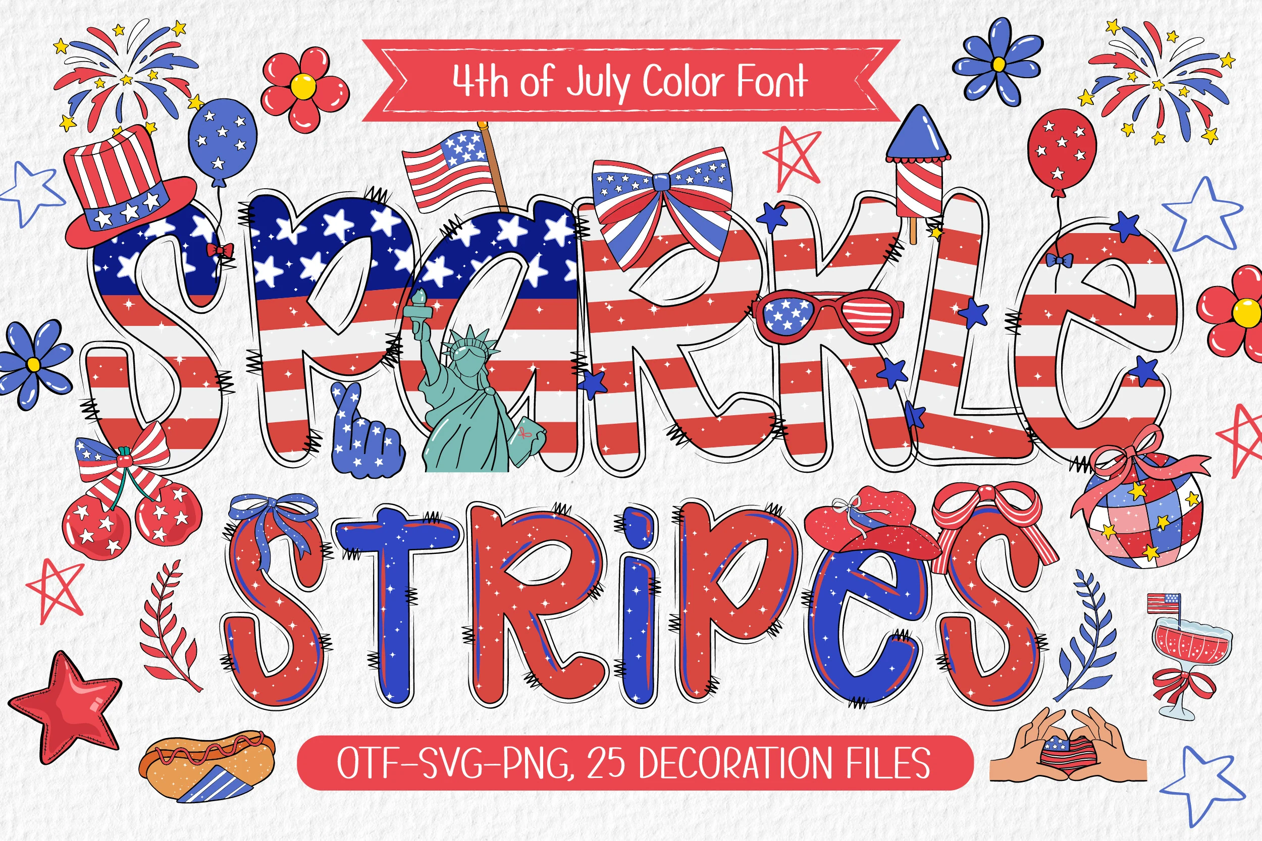Sparkle Stripes Font preview with red, white, and blue striped patriotic lettering and playful hand-drawn details