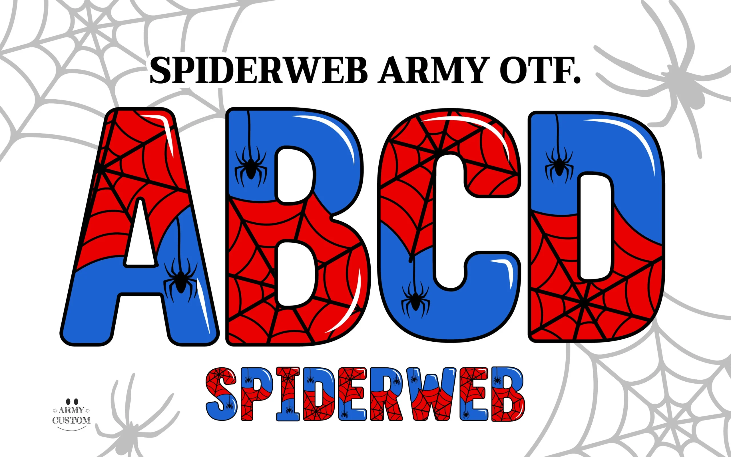 Spiderweb Army Font preview with red and blue block letters, black spiderweb pattern, and spider accents