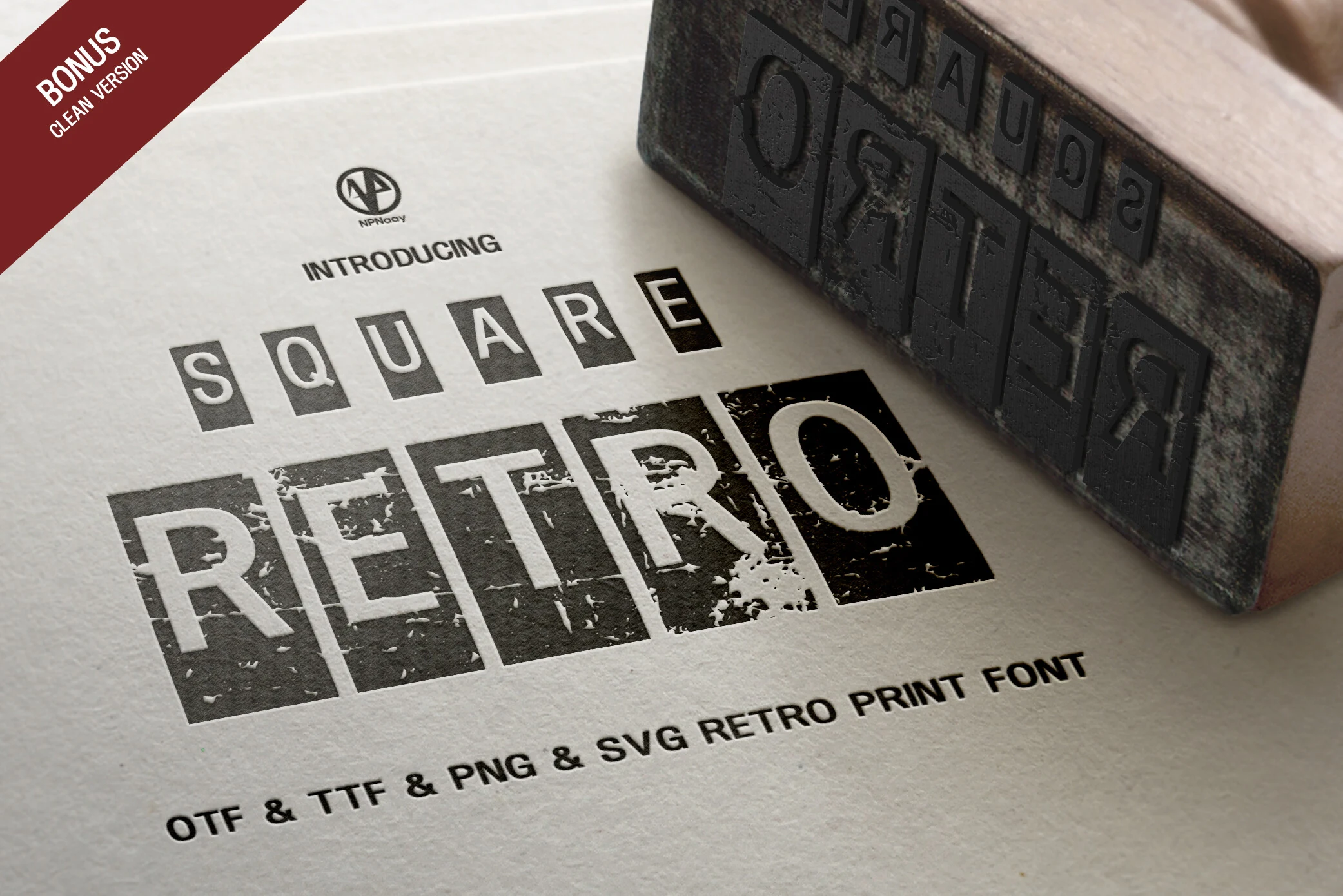 Square Retro Font preview with boxed uppercase lettering, distressed print texture, and square block shapes