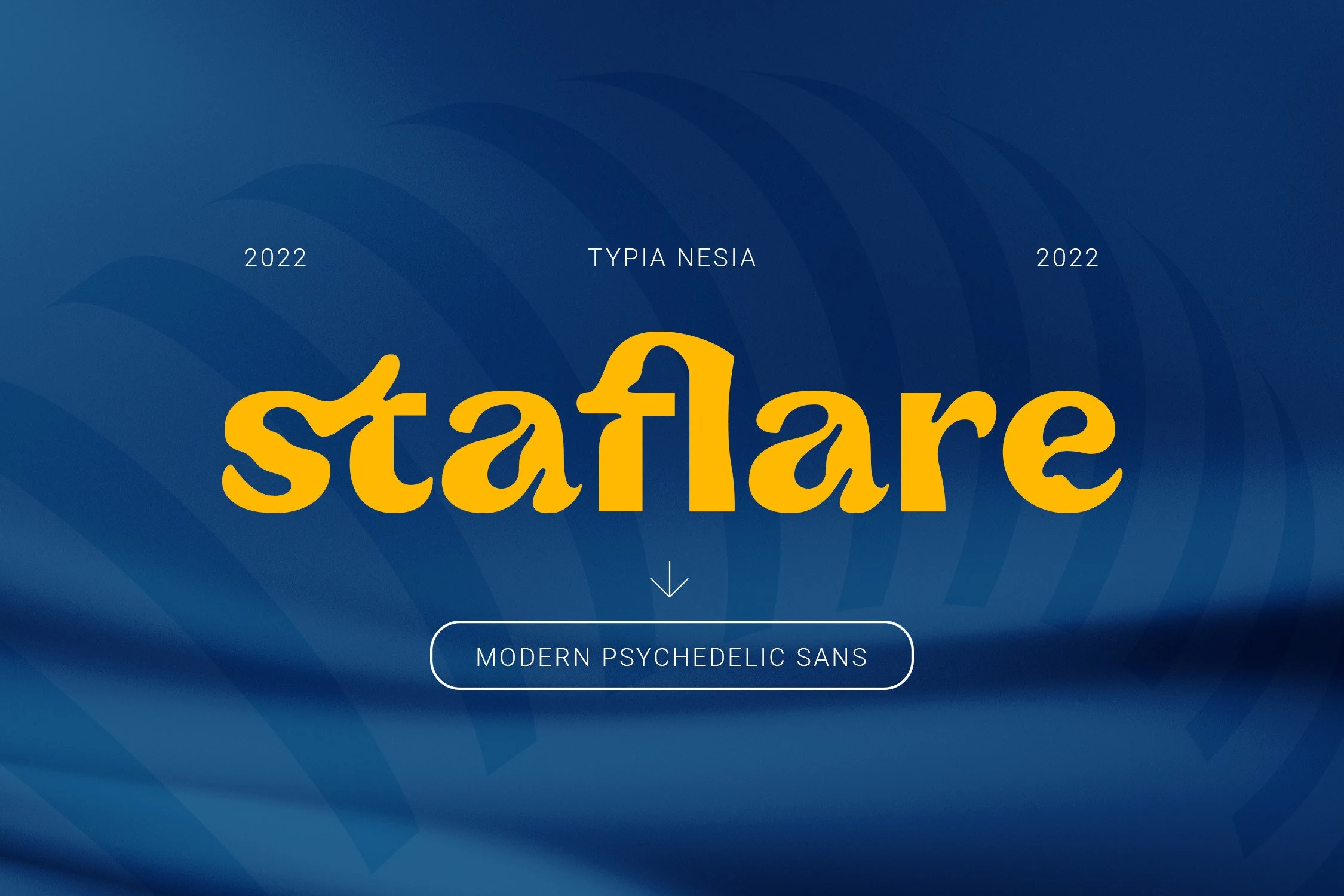 Staflare Font preview with bold yellow psychedelic sans lettering on a deep blue background
