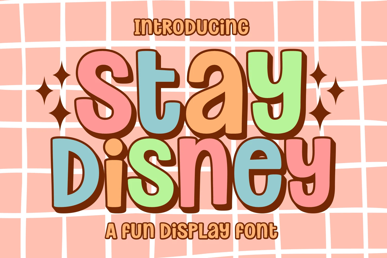 Stay Disney Font preview with pastel bubble letters, thick brown outline, and rounded retro shapes