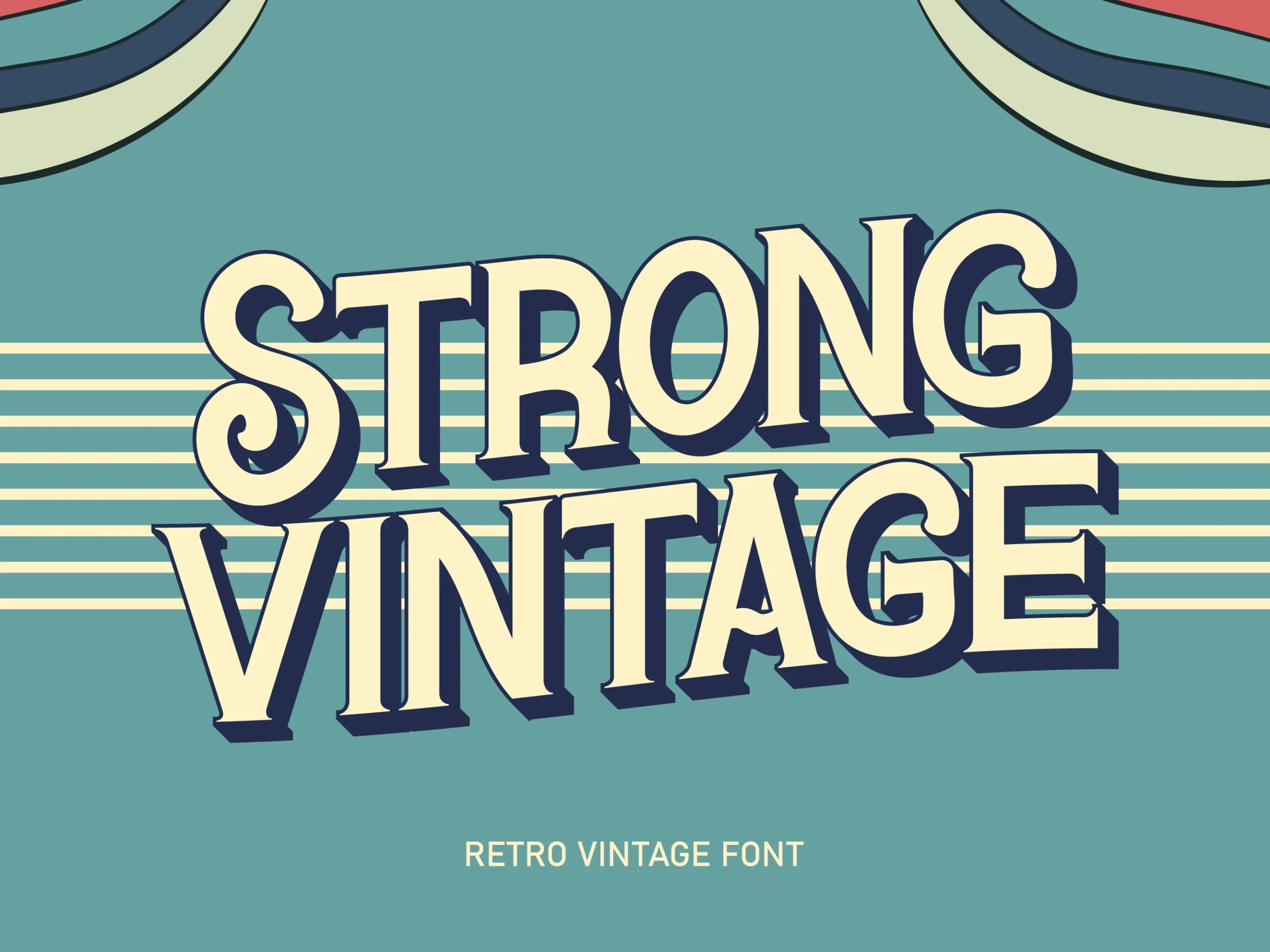 Strong Vintage Font preview with bold cream serif letters and dark blue retro shadow
