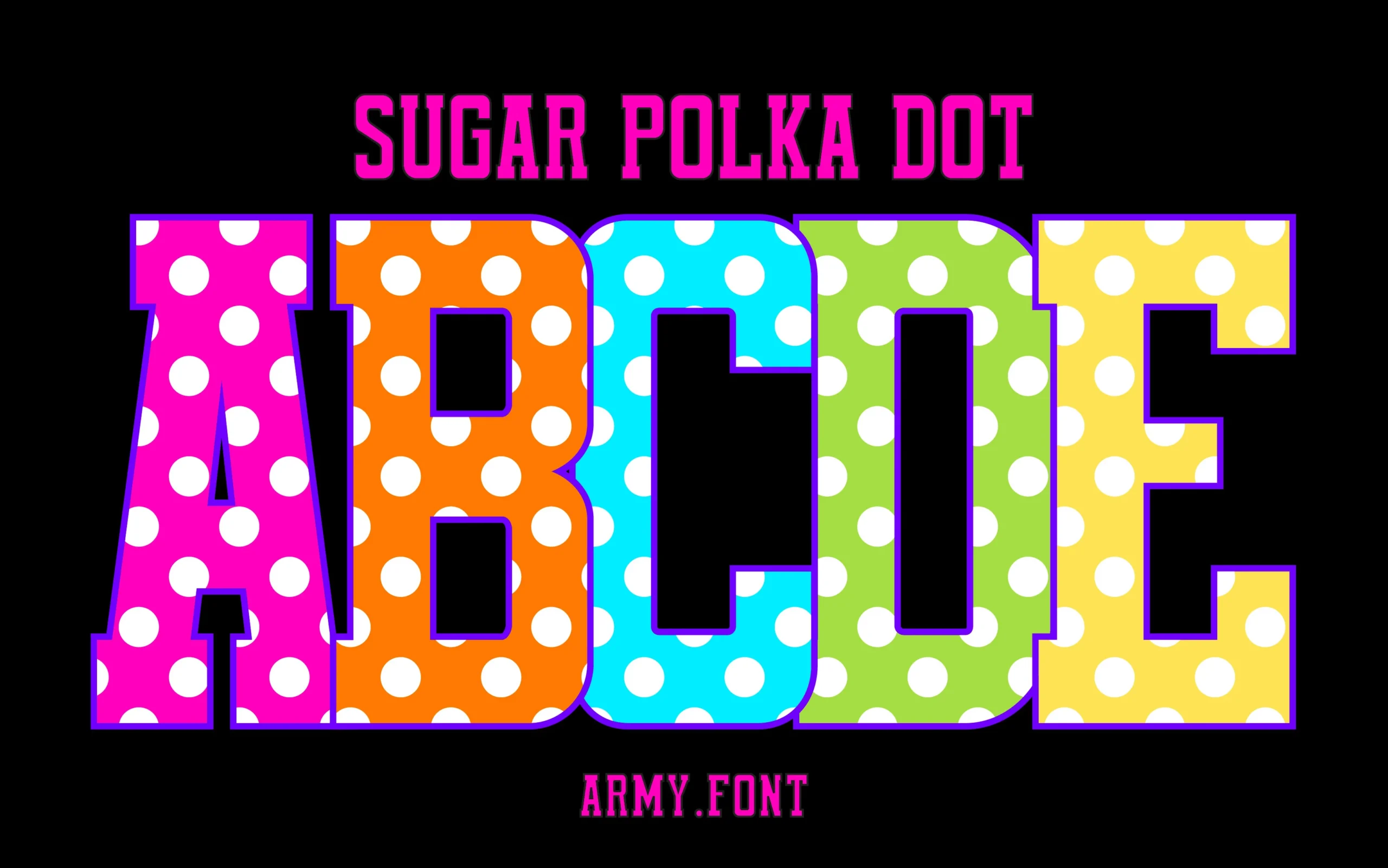 Sugar Polka Dot Font preview with bright block letters, white polka dots, and purple outline