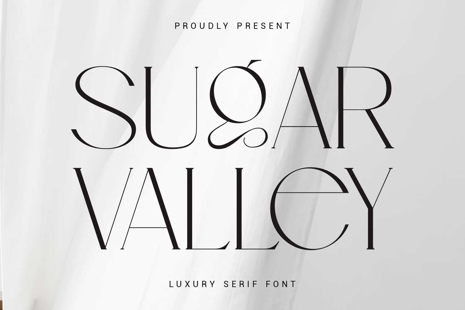 Sugar Valley Font preview with thin luxury serif letters, high contrast, and elegant ligature details