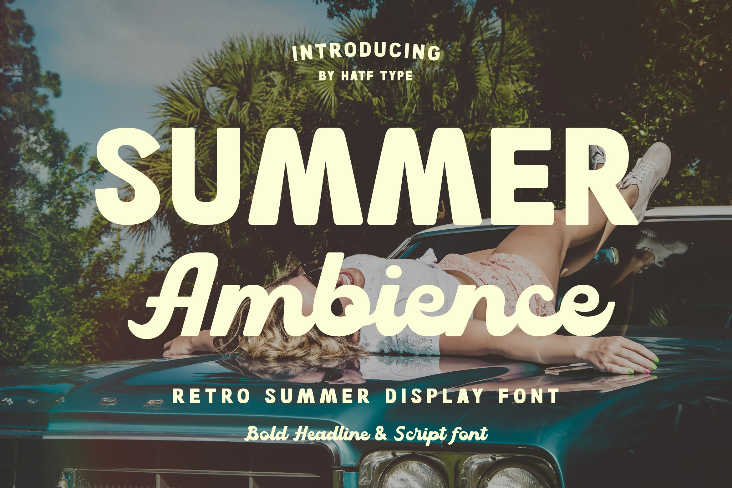 Summer Ambience Font preview with bold cream retro headline letters and connected script lettering