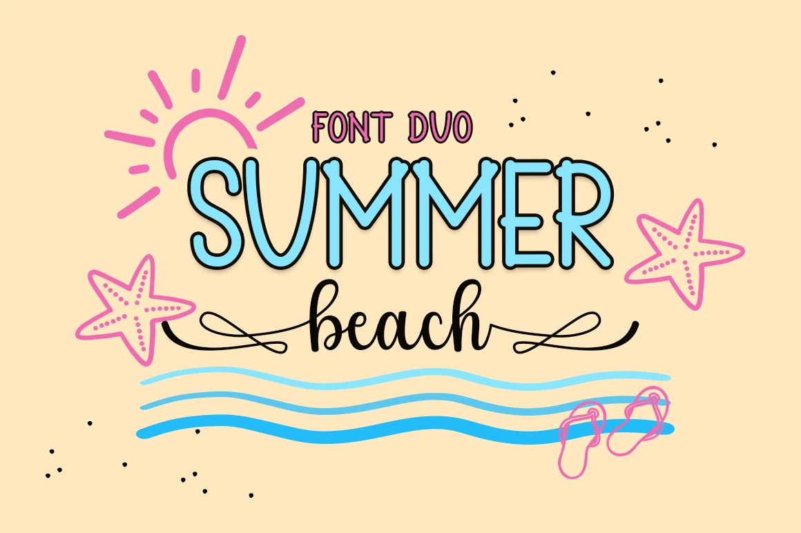Summer Beach Font preview with flowing white script over an aerial beach shoreline