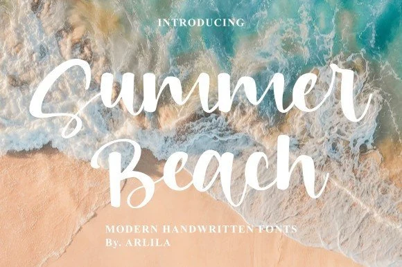 Summer Beach Font preview with bold white handwritten script for beach-themed designs