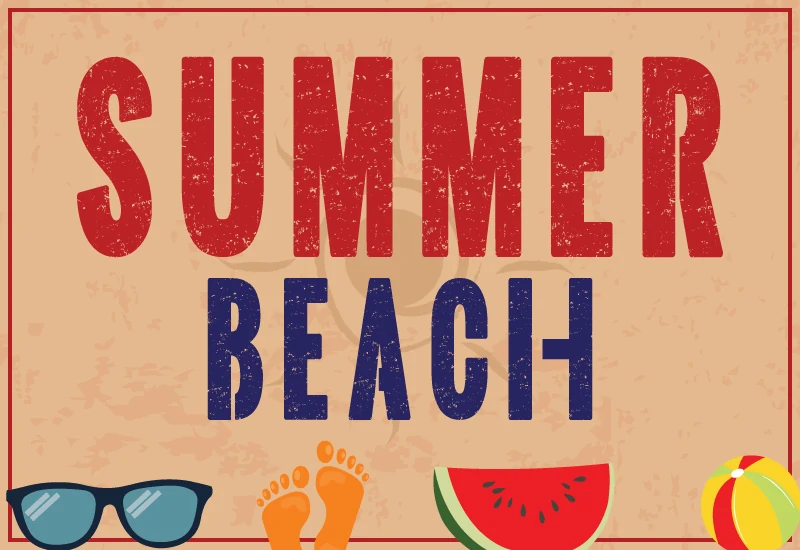 Summer Beach Font preview with distressed condensed red and blue block lettering