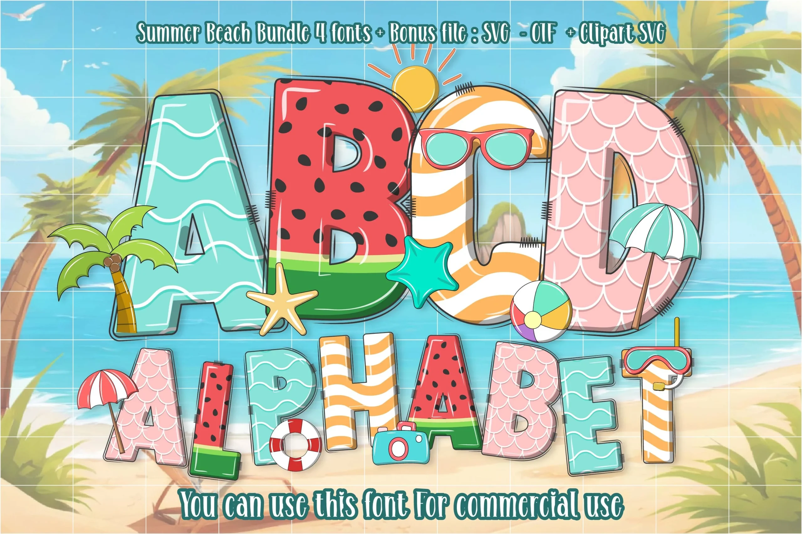 Summer Beach Font preview with colorful beach-themed letters, wave, watermelon, and shell patterns