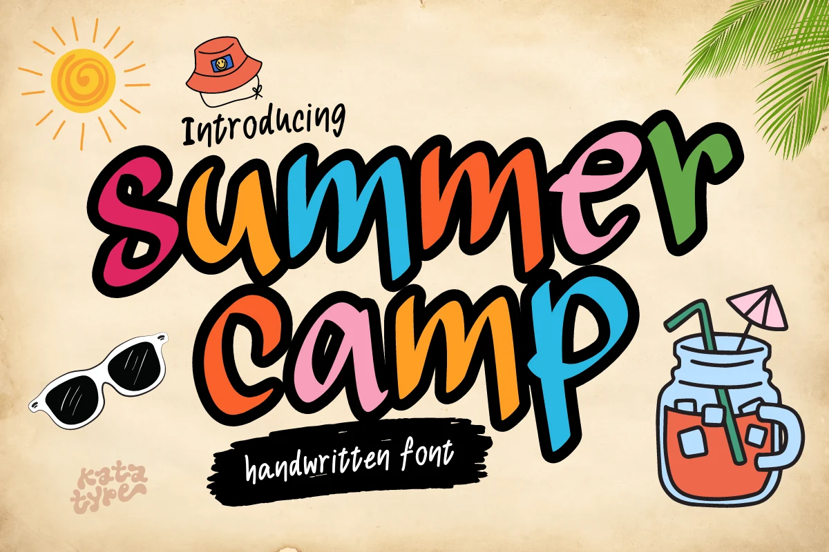 Summer Camp Font preview with colorful brush handwritten lettering and thick black outlines