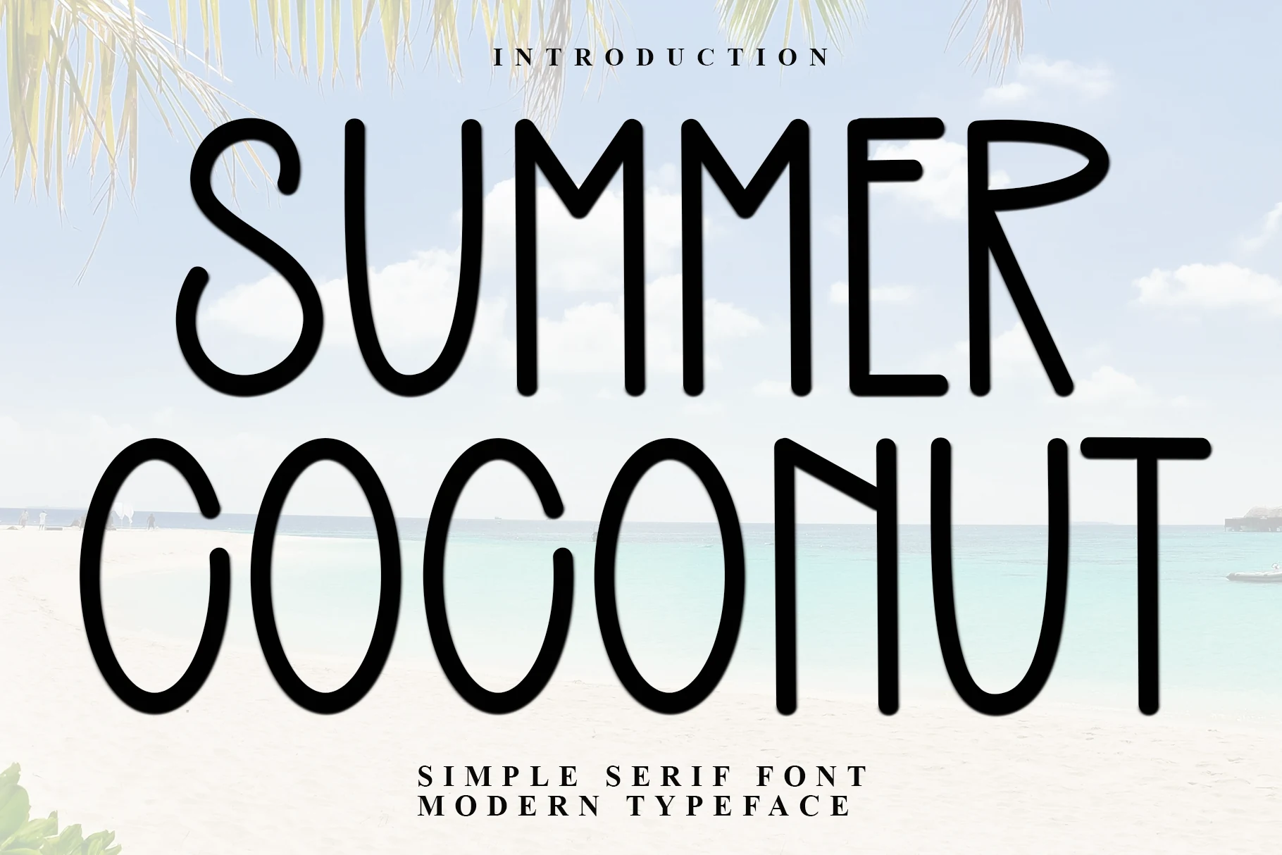 Summer Coconut Font thin black tall monoline lettering over a beach background