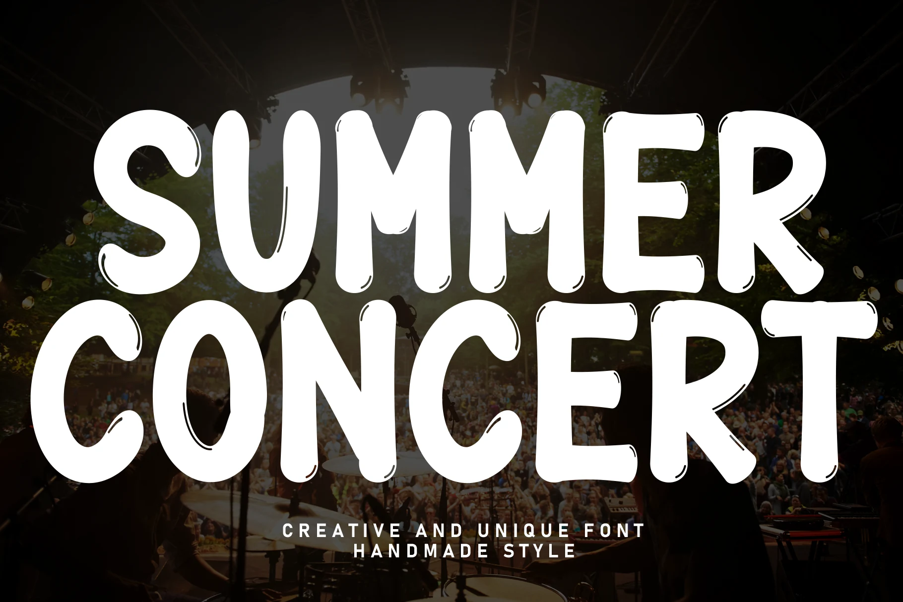 Summer Concert Font preview with bold white rounded handwritten uppercase lettering