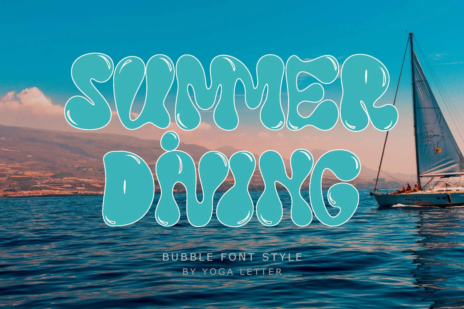 Summer Diving Font preview with turquoise bubble letters, white outline, and glossy highlight strokes