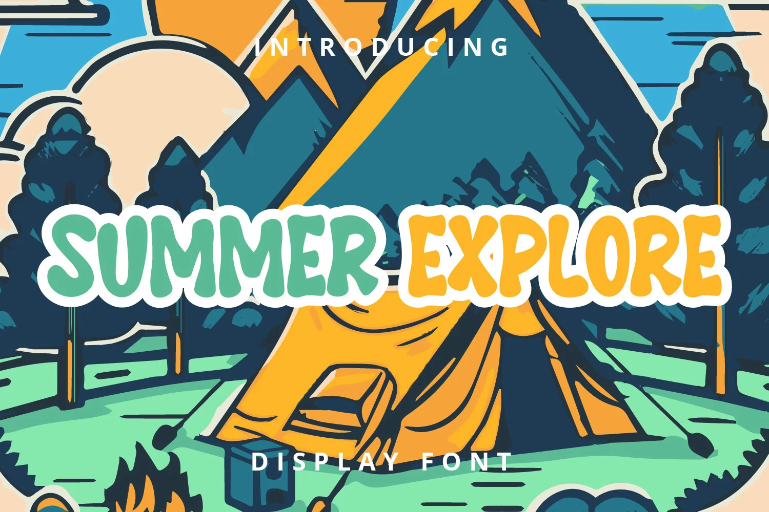 Summer Explore Font preview with rounded playful green and yellow display lettering