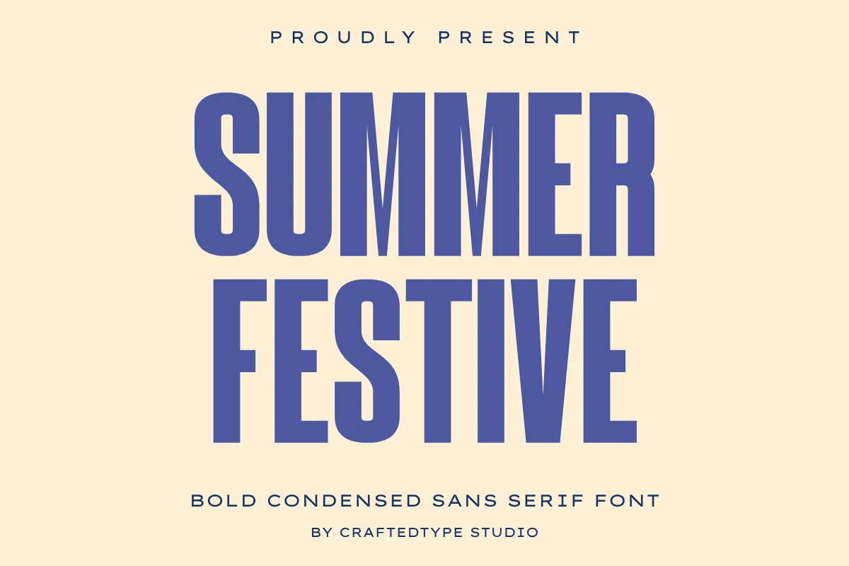 Summer Festive Font preview with bold condensed blue sans serif uppercase lettering