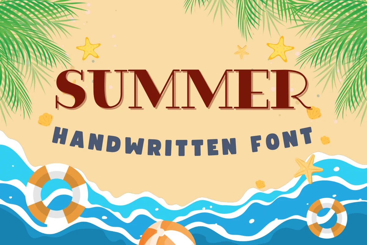 Summer Font preview with dark red serif lettering and playful beach-themed handwritten text