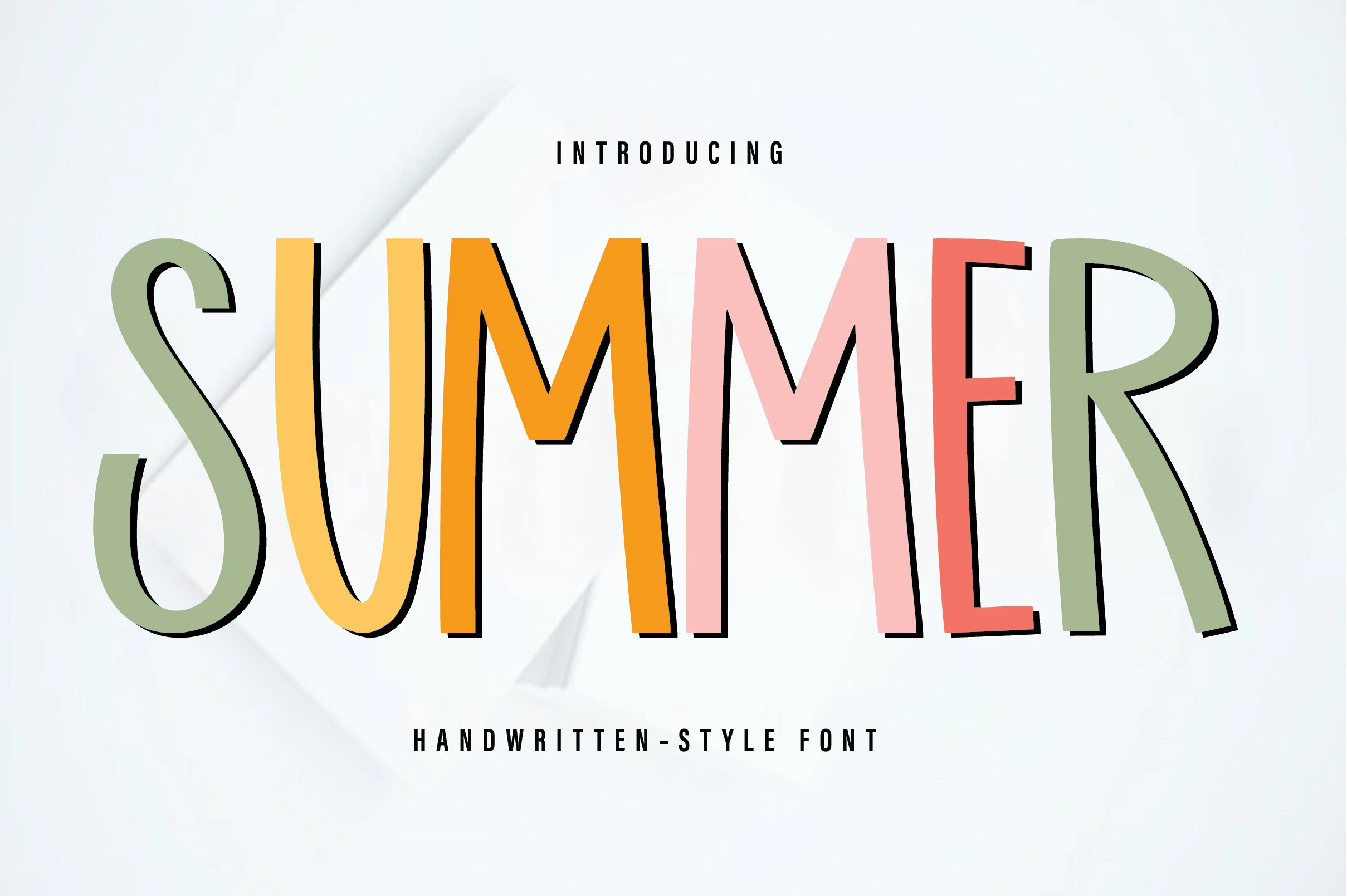 Summer Font preview with tall multicolor handwritten letters and slim playful strokes