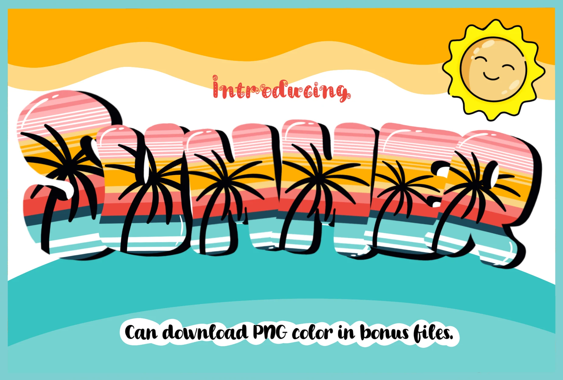 Summer Font preview with colorful rounded decorative letters and bold black shadowing