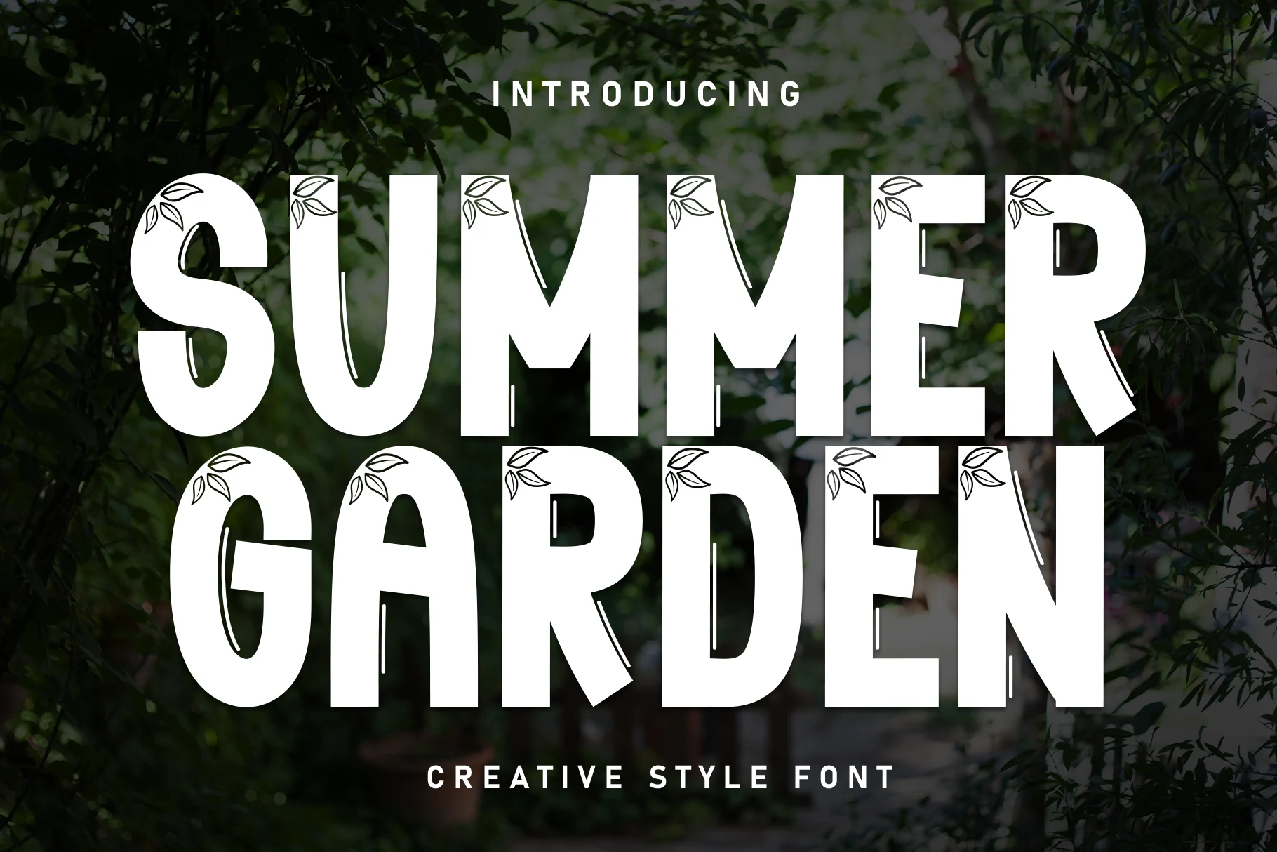 Summer Garden Font preview with bold white uppercase lettering, leaf details, and thin inline accents