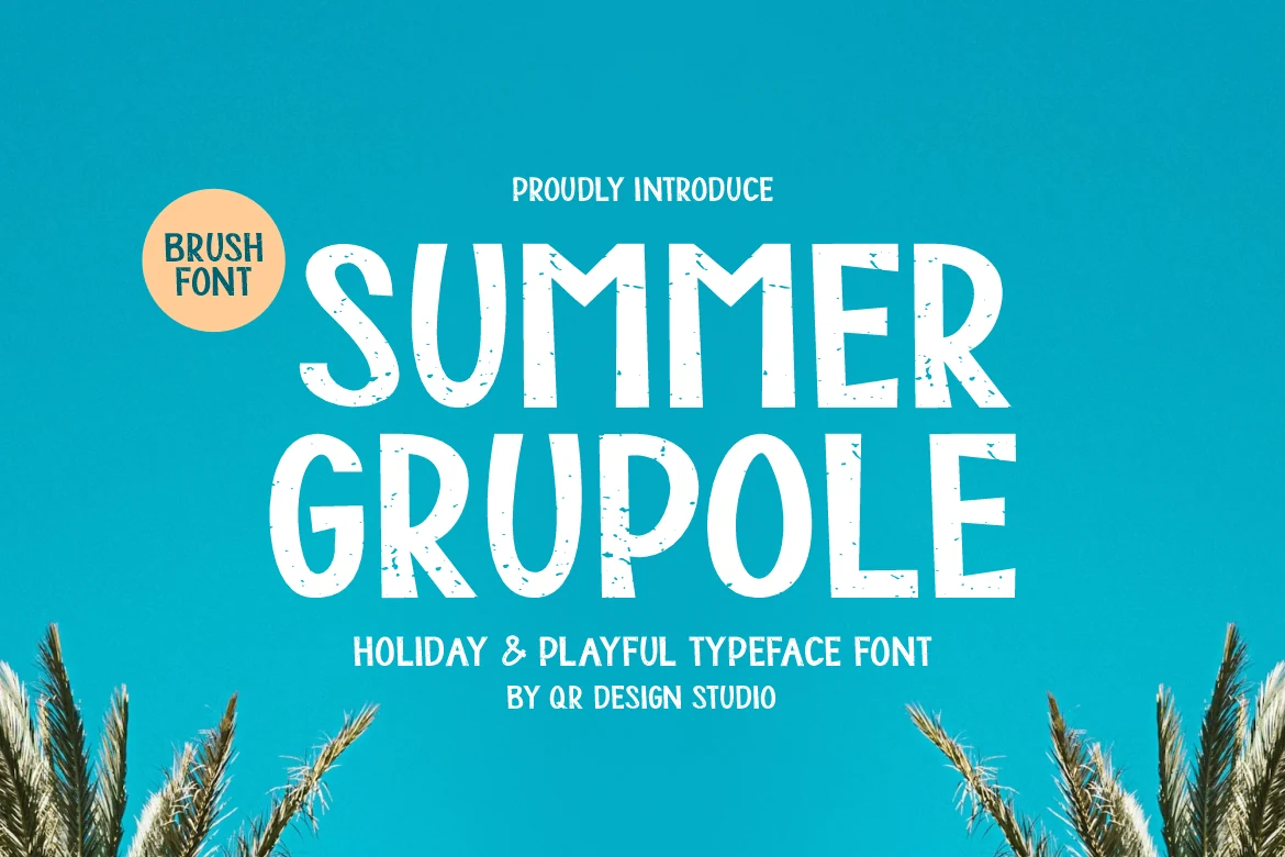 Summer Grupole Font tall white distressed sans lettering on a blue sky background