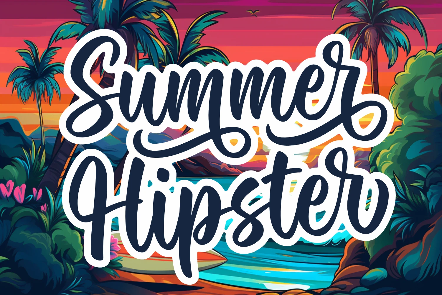 Summer Hipster Font preview with bold navy script lettering, white outline, and sweeping swashes