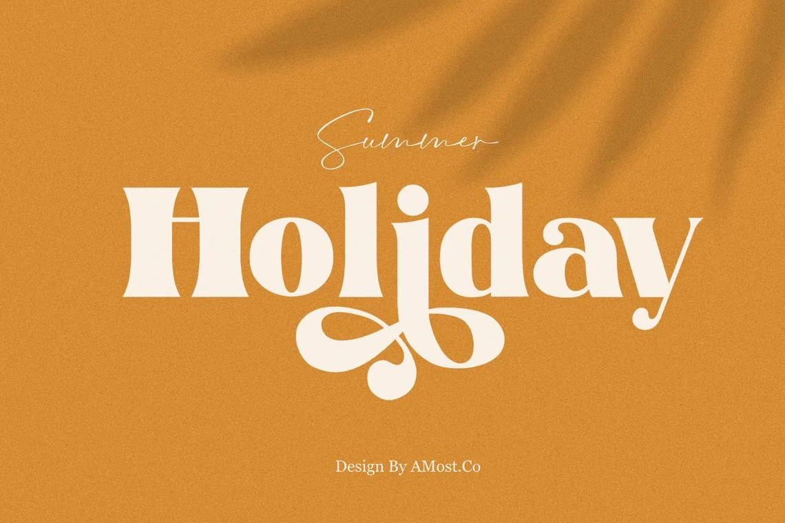 Summer Holiday Font preview with bold ivory serif lettering and a dramatic looping descender