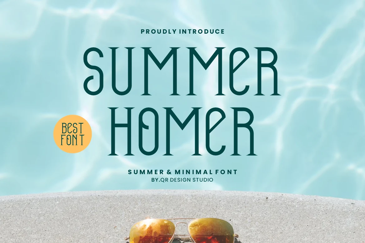 Summer Homer Font preview with tall thin minimalist lettering over a pale blue pool background