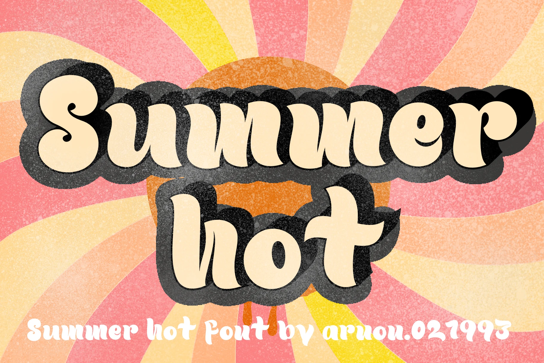 Summer Hot Font preview with cream retro lettering, thick black shadow, and textured groovy curves