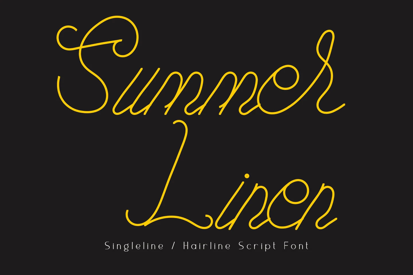 Summer Linen Font preview in thin yellow single-line script with large looping capitals on a dark background